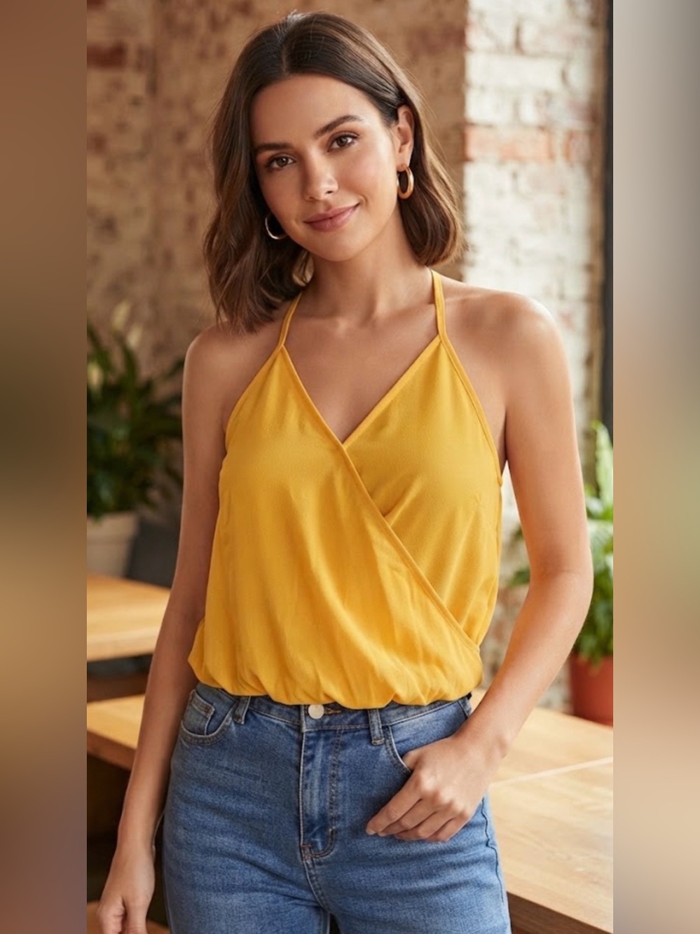 SHEIN Mustard Yellow Wrap-Front Halter Cami Size M
